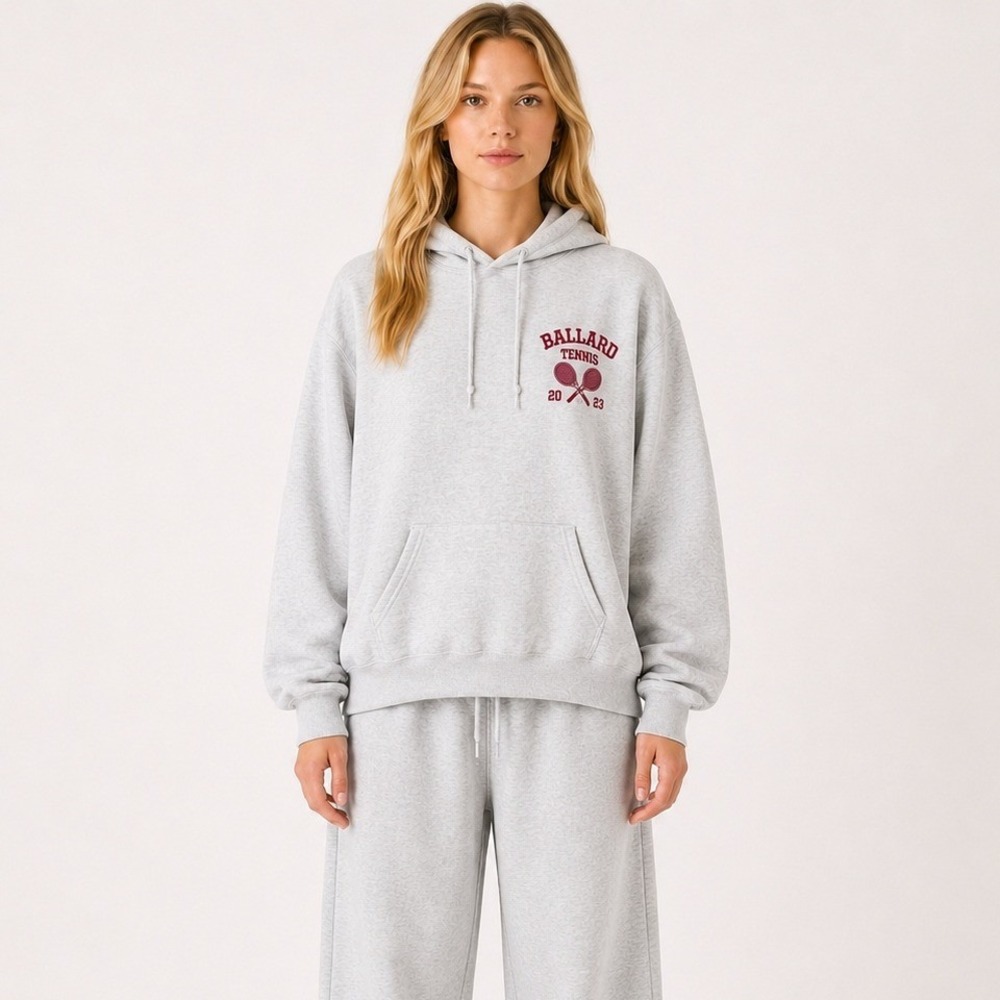 Hanes Ballard Tennis Hoodie Large Gray Graphic Sweatshirt Pullover Sporty Preppy